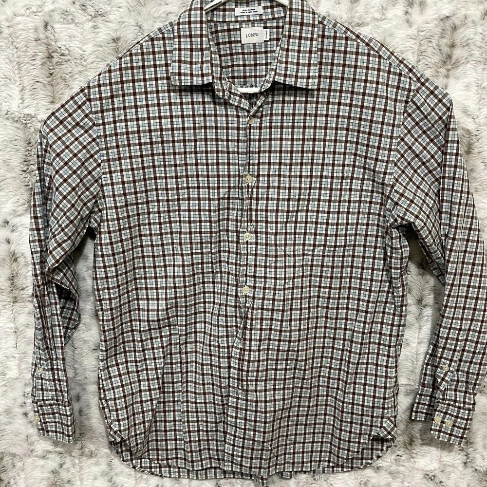 J Crew Plaid Long Sleeve Button Up Shirt Woven Cotton Office Mens Large